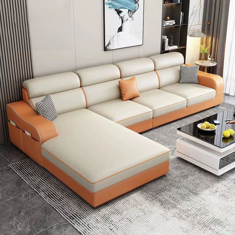Wood & Tech Cloth L-Shape Sofa, Cushion Back, Water Resistant, 9 Feet with Storage - White/Orange Tech Cloth