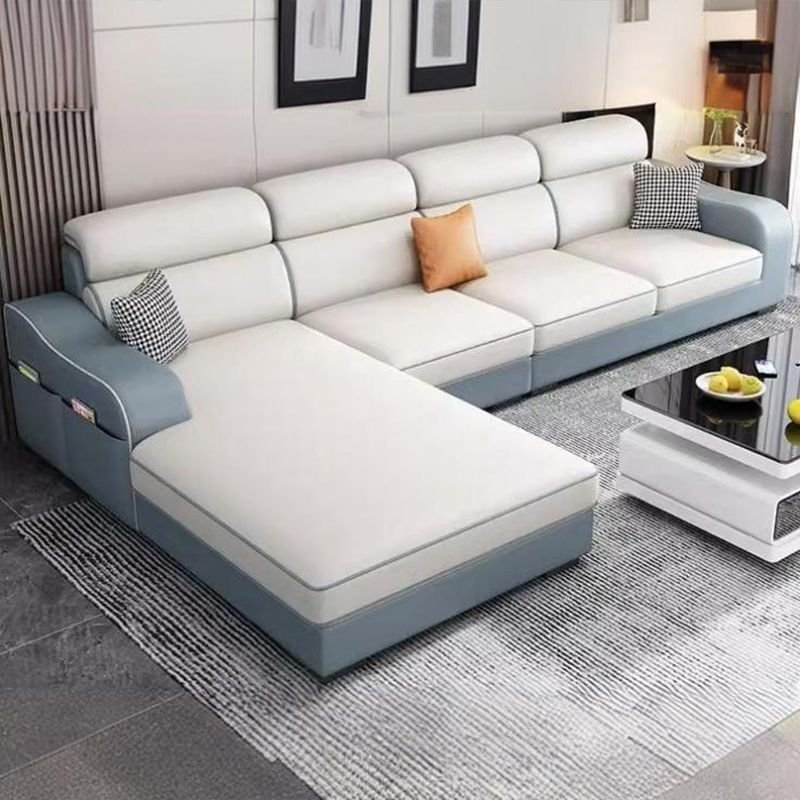 Wood & Tech Cloth L-Shape Sofa, Cushion Back, Water Resistant, 9 Feet with Storage - White/ Light Blue Tech Cloth