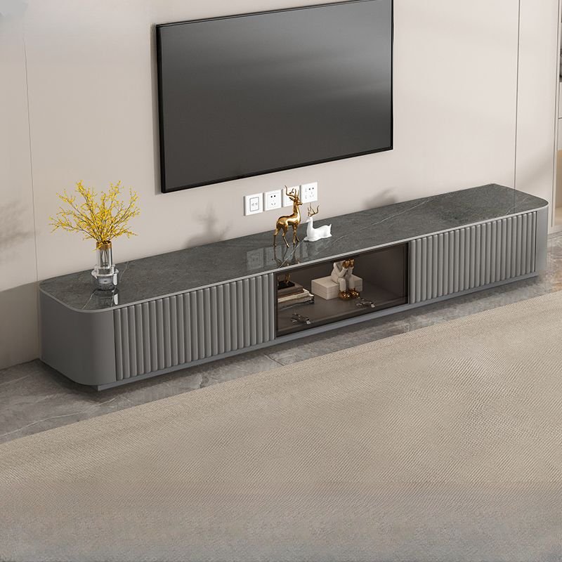 Casual Vitreous Countertop Gray TV Stand with 2 Drawers and Closet for Sitting Room, Gray, 63"L x 12"W x 10"H