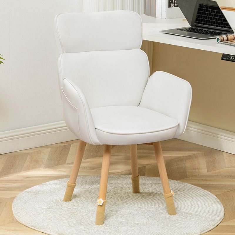 Minimalist Cream Faux Leather Task Chair with Wood Legs and Armrest, Silvery White, Anti Cat Scratch Leather, Solid Wood