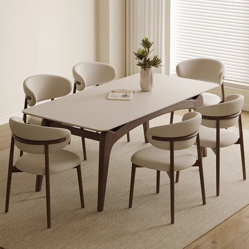 Beige Slate 7-piece Dining Table Set with Padded Chairs, Upholstered Back, and Four Legs for 6 People, 55.1"L x 31.5"W x 29.5"H, Table & Chair(s)
