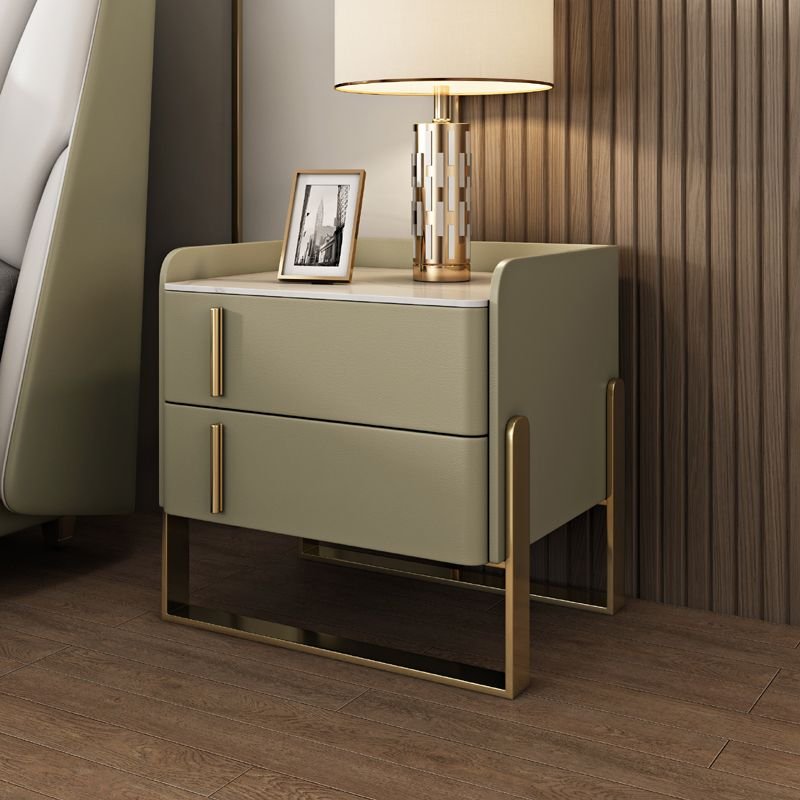 Trendy Nightstand With Drawer Storage with Leg, 2 Drawers and Sintered Stone Counter Top, Khaki, Right-Hand Door