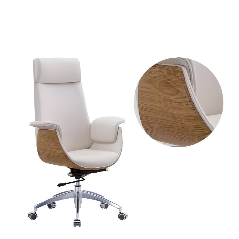 Minimalist Ergonomic Leather Office Desk Chairs in Beige with Headrest, Fixed Arms and Tilt Lock, Off-White, Casters Included