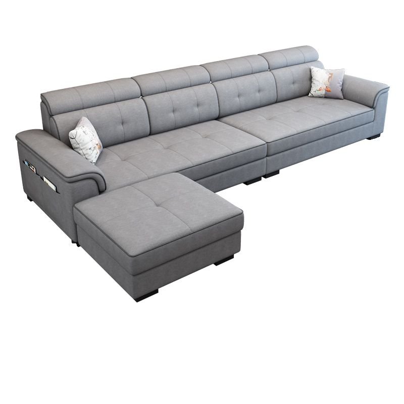 Decorative-stitched L-Shape Parlor Corner Sectional with Left Hand Facing Orientation and Concealed Support, Medium Grey, Cotton and Linen