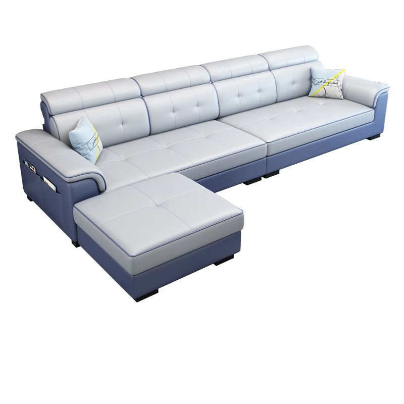 Decorative-stitched L-Shape Corner Sectional, Left Hand Facing in Parlor with Concealed Support, Grey/Blue, Tech Cloth