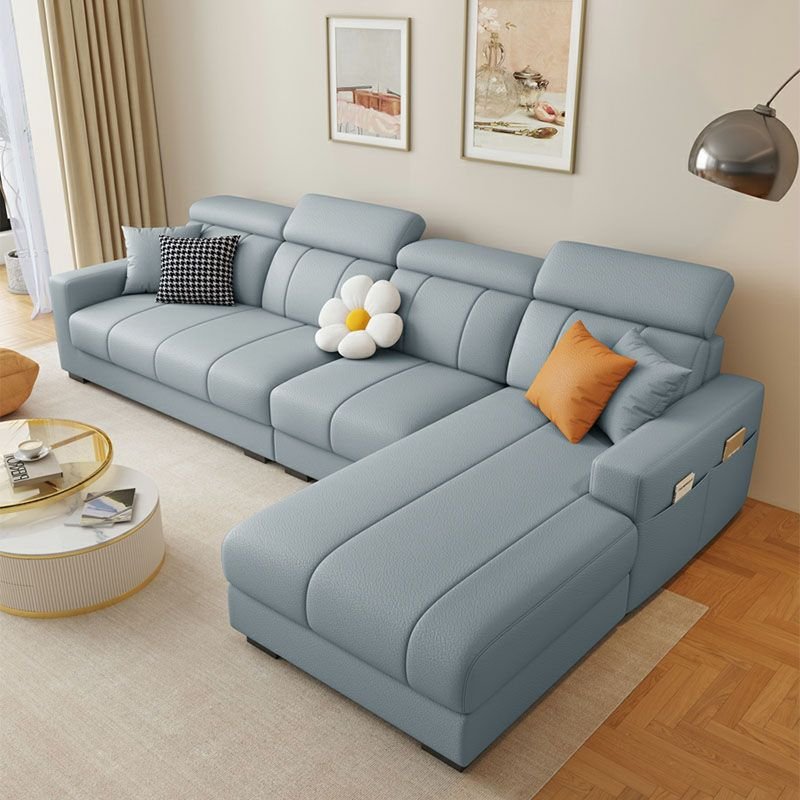 Contemporary Modern Right Hand Facing L-Shape Sofa Chaise in Blue with Latex Fill Cushion / Recessed Arm / Cushion Back, Light Blue, Tech Cloth