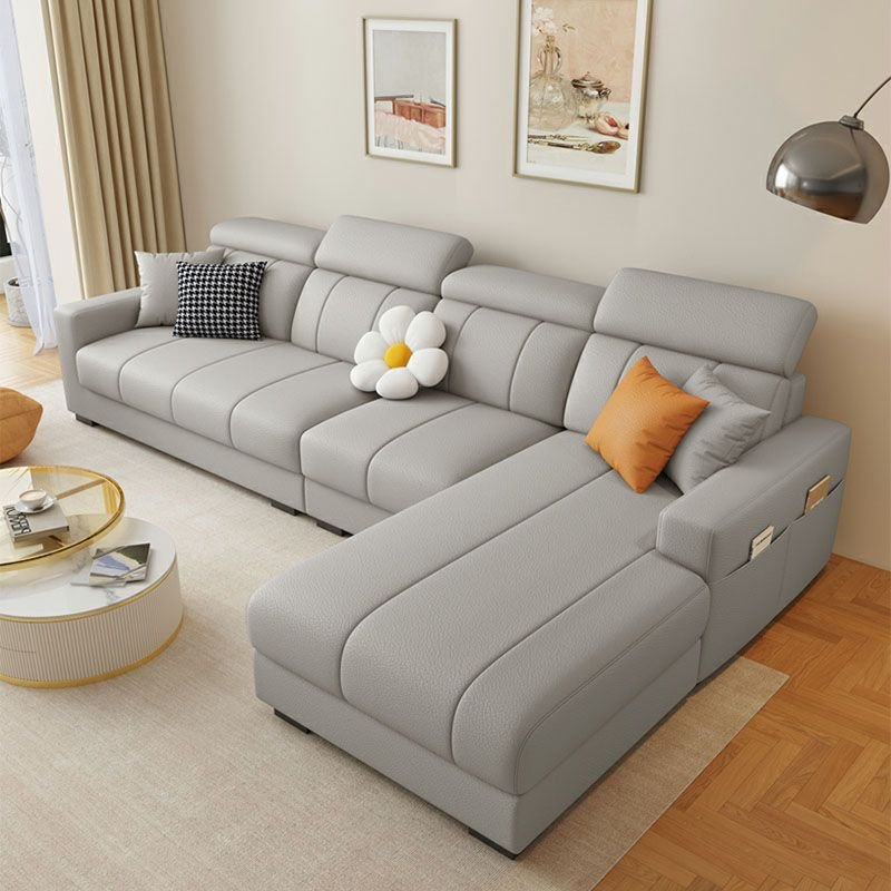 Casual Right Hand Facing L-Shape Sofa Chaise in Gray with Latex Fill Cushion / Recessed Arm / Cushion Back, Light Gray, Anti Cat Scratch Leather