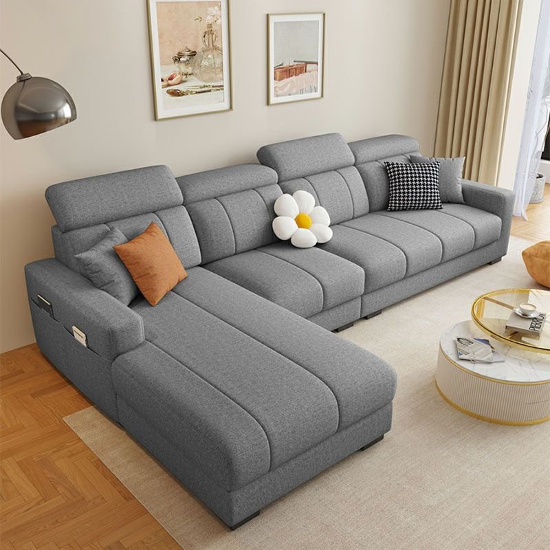 Casual Left L-Shape Sofa Chaise in Gray with Latex Fill Cushion / Recessed Arm / Cushion Back, Dark Gray, Cotton and Linen