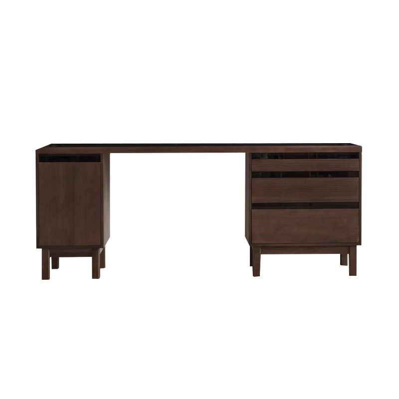 Wide Buffet Table with Single Door, 3 Drawers, 1 Shelf, Kitchen Cupboards, Timber Countertop, Simplistic Style, Walnut, 83"L x 18"W x 33"H