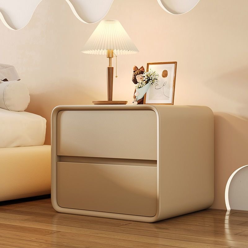 Trendy Faux Leather Top Nightstand With Drawer Storage with 2 Drawers , Khaki, Solid Wood, 16"L x 16"W x 18.5"H