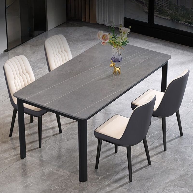 Art Deco Rectangle Fixed Table Dining Table Set with 4 Legs and a Gray Slate Tabletop, Table, 1 Piece, 63"L x 31.5"W x 29.5"H, Gray/ Black