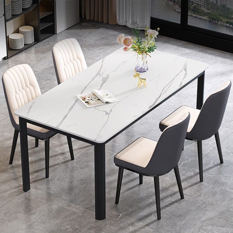 Simple Rectangular Fixed Dining Table Set with Four Legs and a White Slate Tabletop, Table, 1 Piece, 55.1"L x 31.5"W x 29.5"H, White-Black