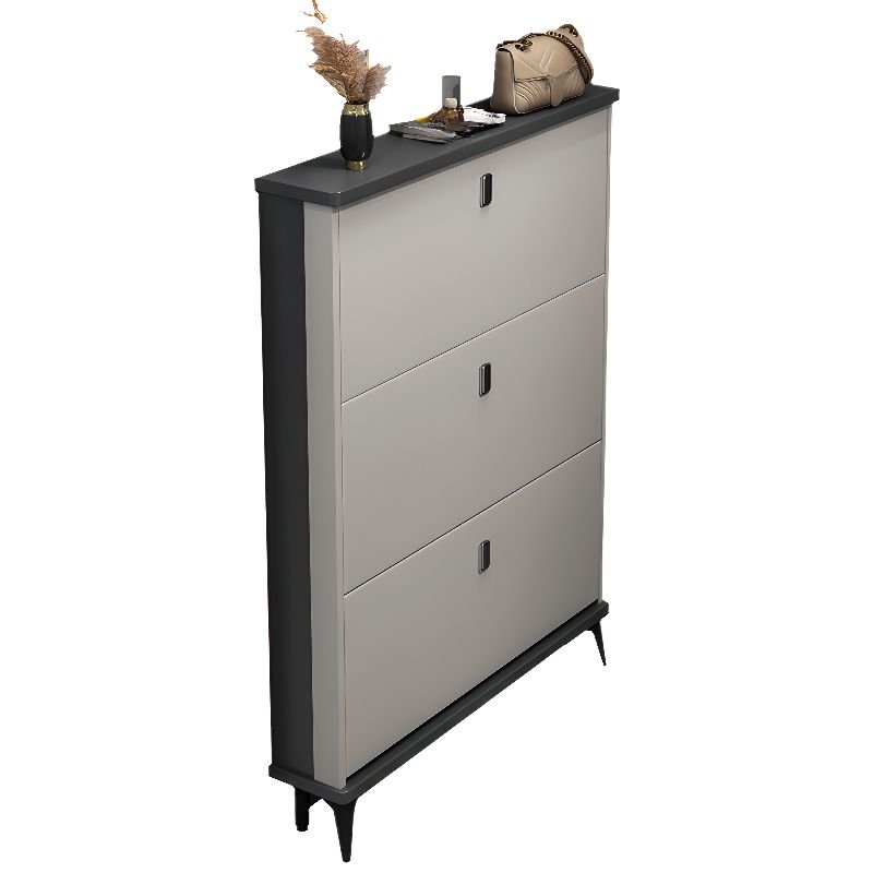 Standalone Dove Grey Drop Front Shoe Storage Cabinet in Composite Wood with Closed Back, Changeable Shelf and Gate, 28"L x 7"W x 47"H