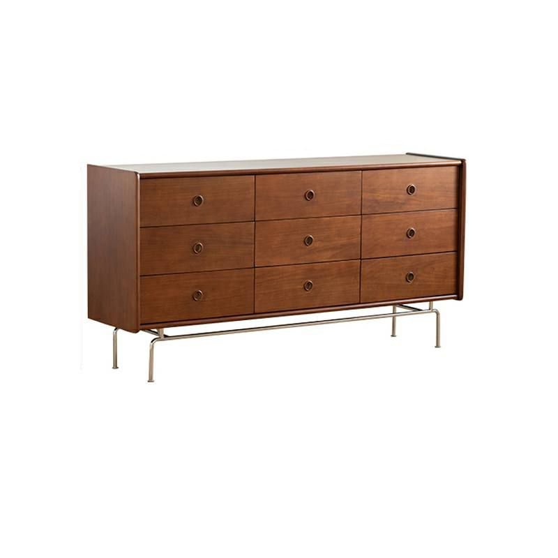 Art Deco Brown Hardwood Horizontal Double Dresser with 9 Drawers Bedroom, 63"L x 16"W x 32"H