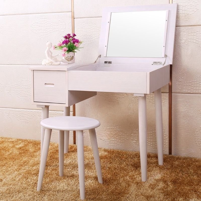 Bedroom Use Fold-up Dividers Included Push-Pull Built In Makeup Vanity with Hidden Vanity, No Suspended, Makeup Vanity & Stools, White, 35"L x 18"W x 30"H