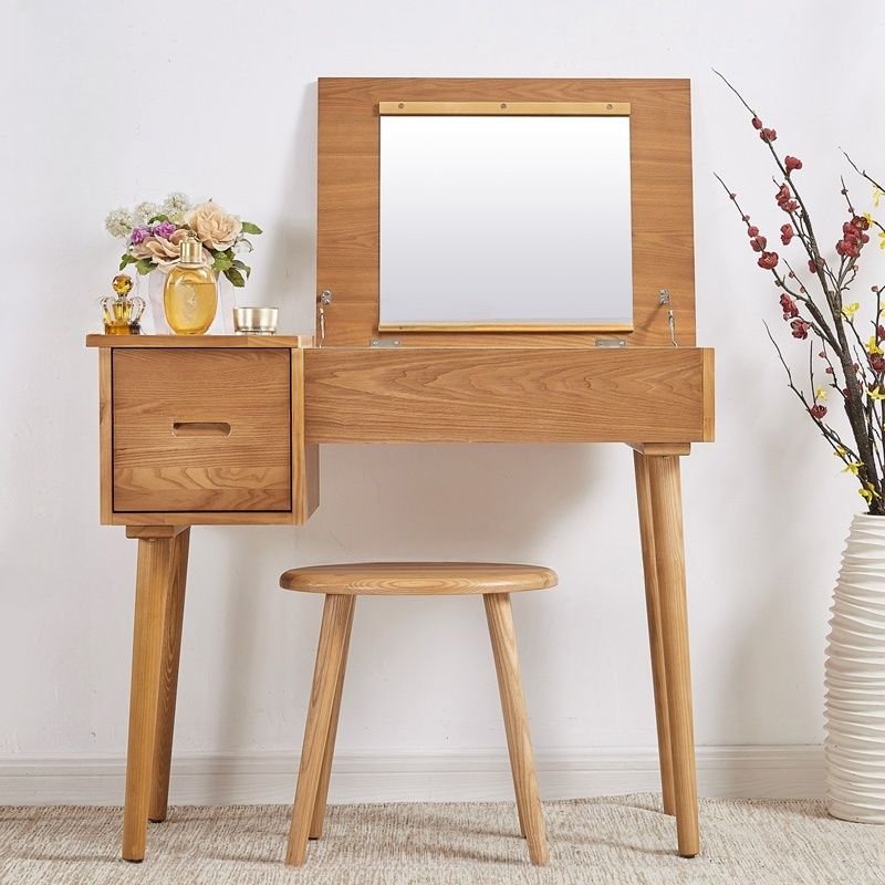 Bedroom Use Folding Unfinished Color Push-Pull Built In Makeup Vanity with Hidden Vanity, Dividers Included, No Suspended, Makeup Vanity & Stools, Natural Finish, 35"L x 18"W x 30"H