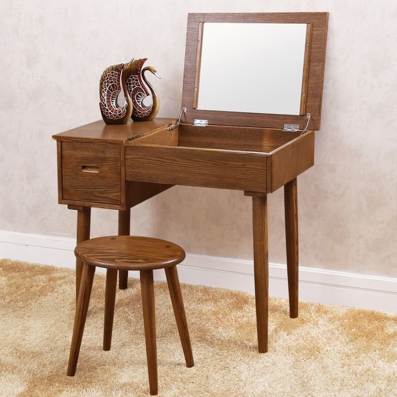 Bedroom Use Compact Dividers Included Push-Pull Built In Makeup Vanity with Hidden Vanity, No Suspended, Makeup Vanity & Stools, Brown, 35"L x 18"W x 30"H
