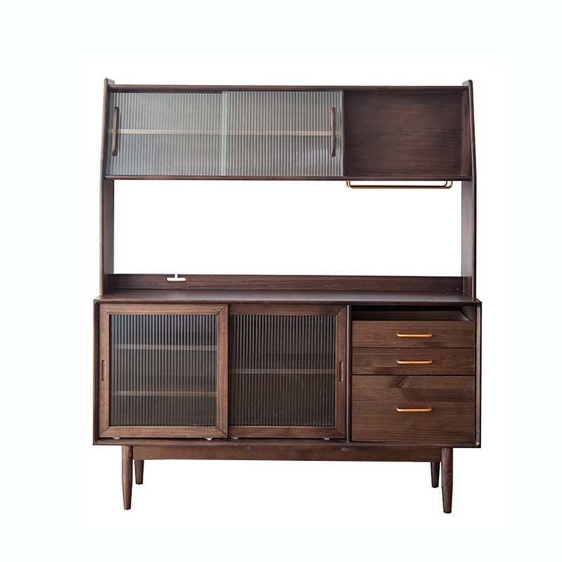 1 Shelf & 3 Drawers Art Deco Standard Microwave Storage Cabinet with Sliding Doors, Compartment & Cupboard, Black Walnut, Perforated Board Not Included, 59.1"L x 16.1"W x 65"H