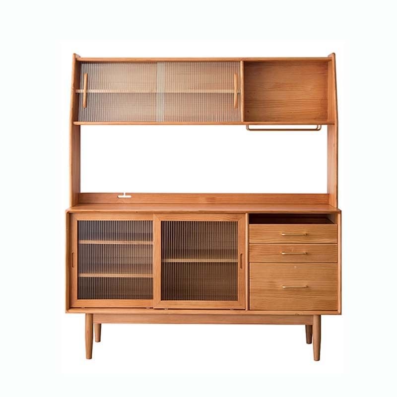 1 Shelf & 3 Drawers Art Deco Standard Microwave Shelf Cabinet with Sliding Doors, Compartment & Hutch, Cherry Wood, Perforated Board Not Included, 59.1"L x 16.1"W x 65"H