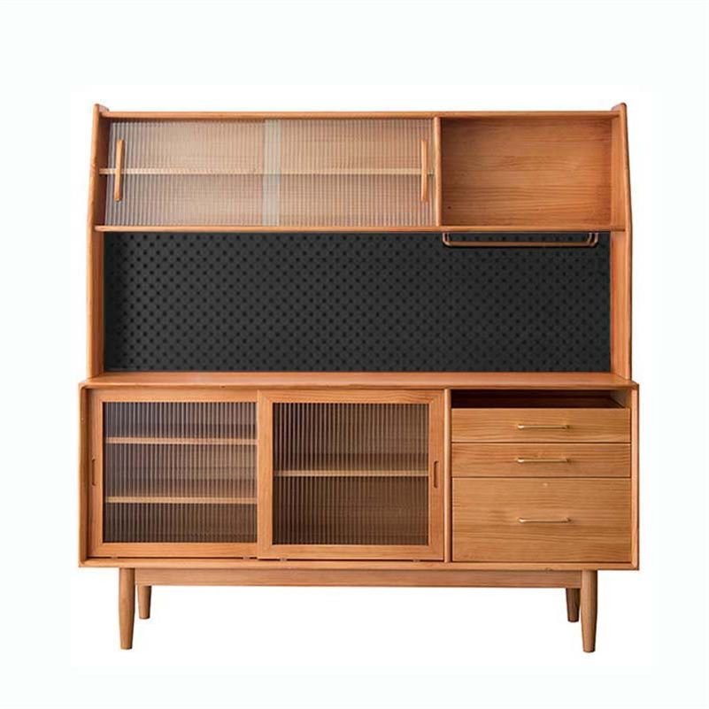 1 Shelf & 3 Drawers Nordic Narrow Microwave Storage Cabinet with Sliding Doors, Compartment & Cupboard, Cherry Wood, Sideboard & Pegboard, 47"L x 16"W x 65"H