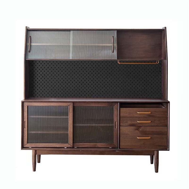 1 Shelf & 3 Drawers Nordic Narrow Microwave Shelf Cabinet with Sliding Doors, Compartment & Hutch, Black Walnut, Sideboard & Pegboard, 47"L x 16"W x 65"H