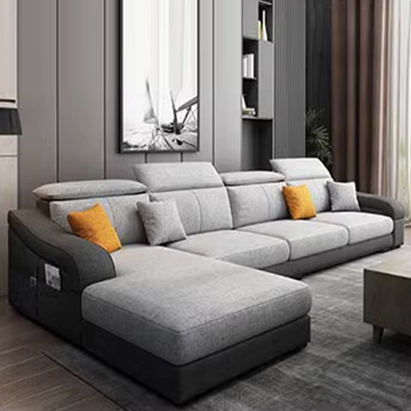 L-Shape Left Sofa Chaise with Sloped Arms for 5-seater, Cotton and Linen, Dark Gray/ Light Gray