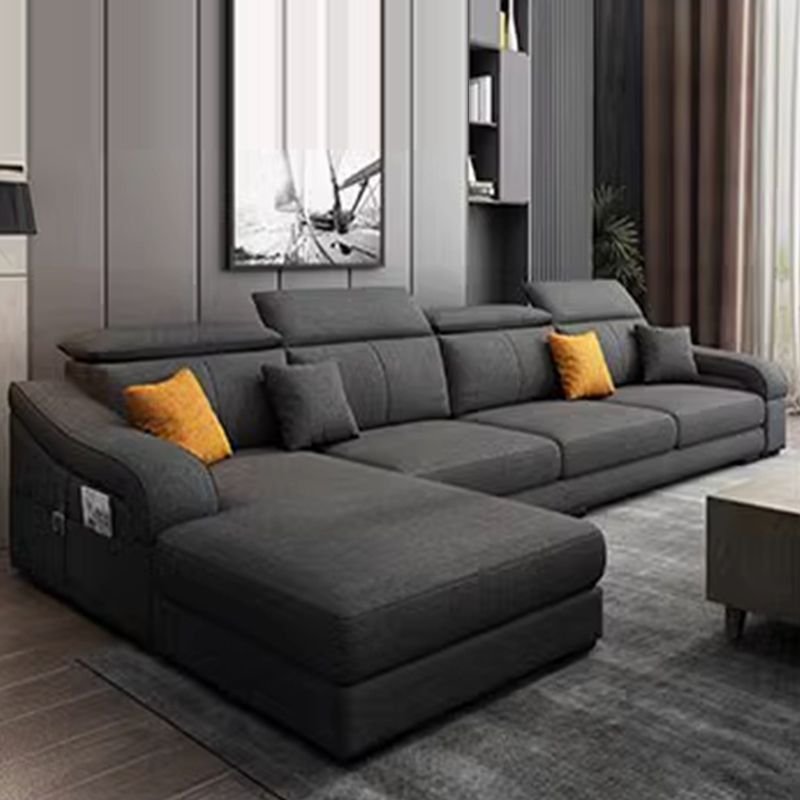 L-Shape Left Sofa Chaise with Sloped Arms for 5-seater, Cotton and Linen, Dark Gray