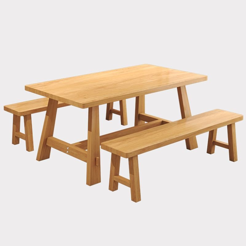 3 Piece Art Deco Solid Pine Trestle Dining Table Set with Bench, Sand, Table & Bench(es), 51.2"L x 27.6"W x 29.5"H
