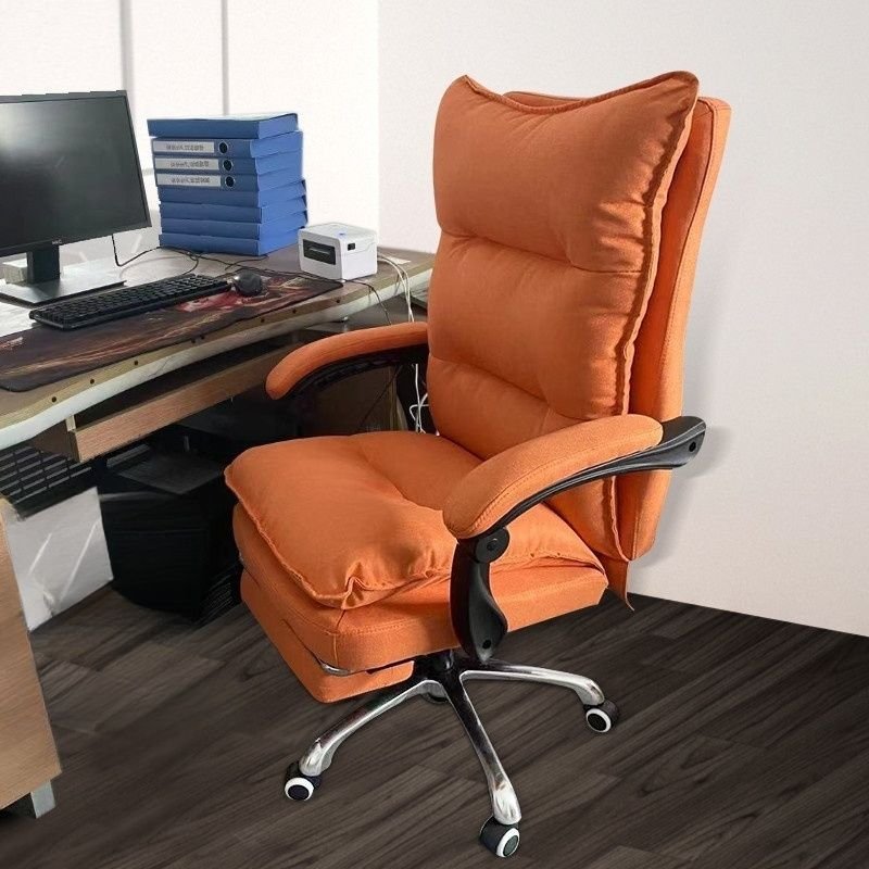 Minimalist Ergonomic Upholstered Executive Office Chair in Orange with Arms, Footrest and Adjustable Back Angle, Orange
