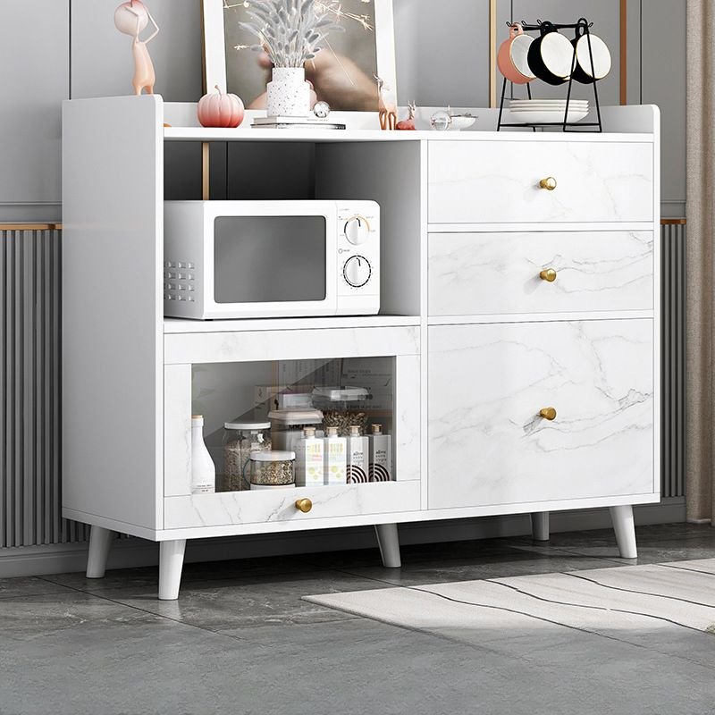 2 Shelves Ground Standalone Sideboard for Culinary Space with Microwave Storage, Kitchen Gadget Storage and Tabletop, White-Gray, 31"L x 14"W x 35"H