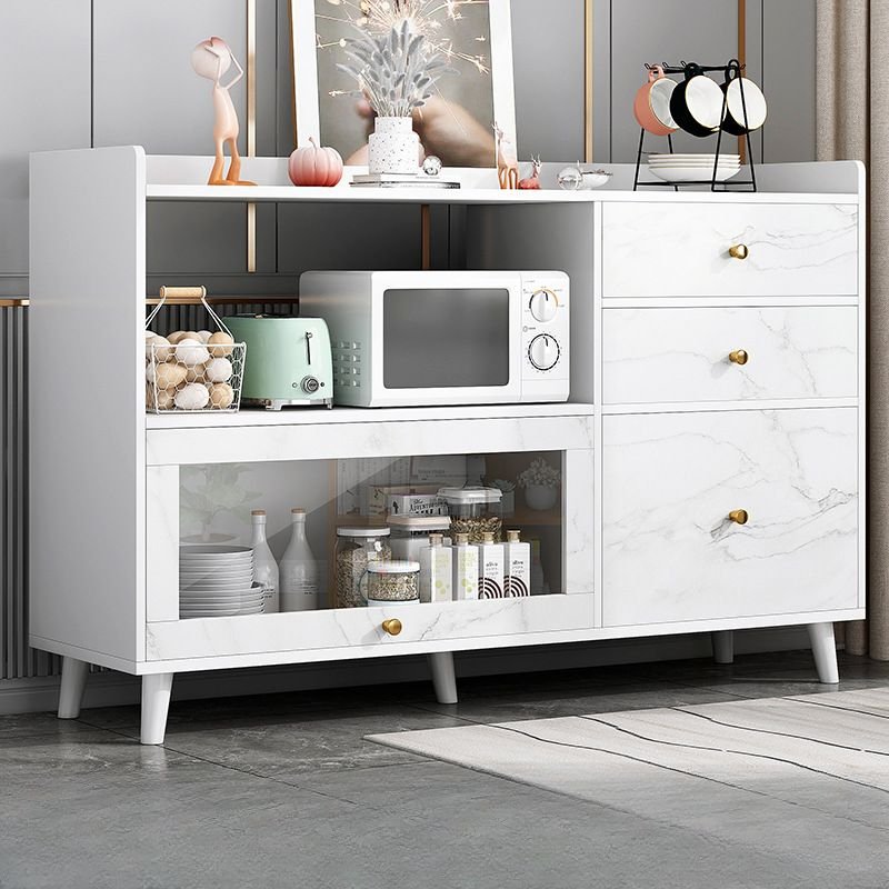 2 Shelves Ground Unattached Sideboard for Scullery with Microwave Bracket, Kitchen Appliance Organizer and Benchtop, White-Gray, 47"L x 14"W x 35"H