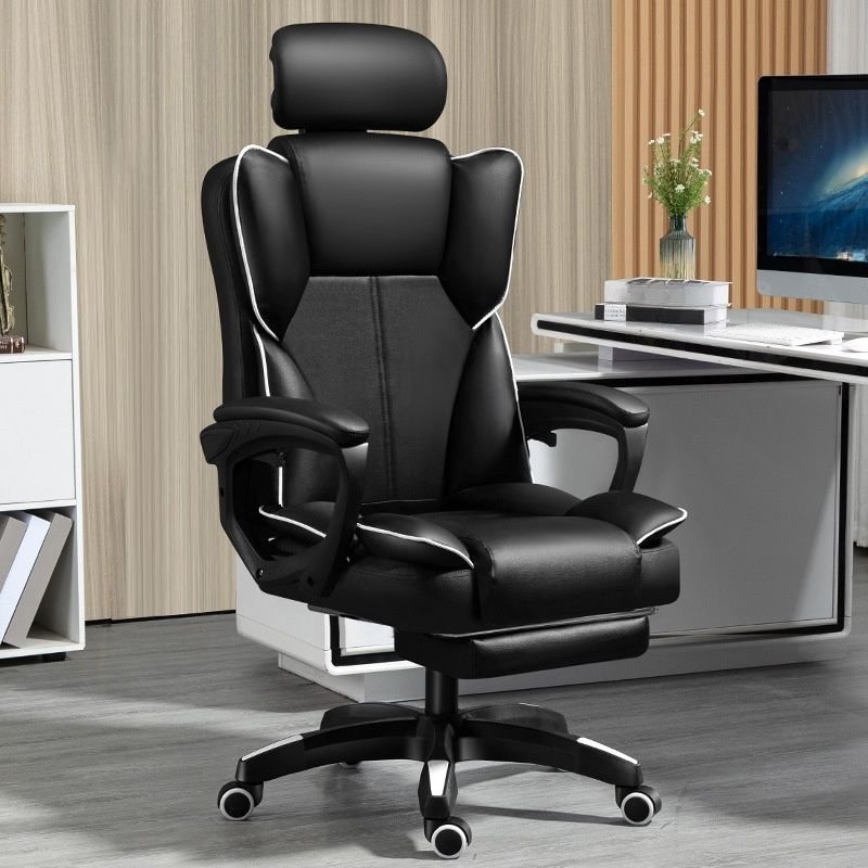 Ergonomic Leather Executive Chair with Back, Tilt Available and Lumbar Support, Black, Latex, With Footrest
