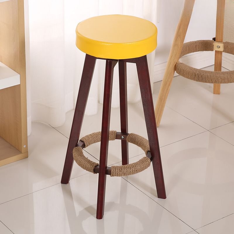 Butter Color Modish Calfskin Round Pub Stool with Swivel and Foot Platform for Home Bar, Yellow, Brown