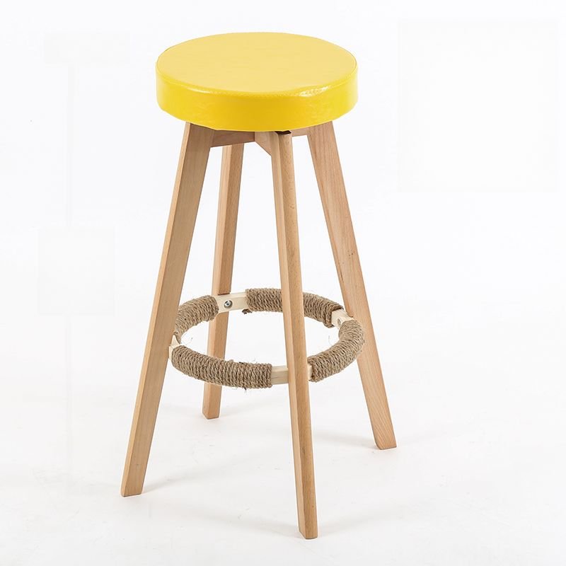 Butter Color Modish Calfskin Round Pub Stool with Swivel and Foot Platform for Home Bar, Yellow, Natural