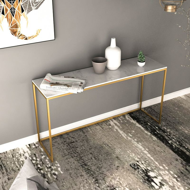 Stylish White Rectangular Faux Marble Standing Frame Console Table Desk , 31.5"L x 11.8"W x 29.5"H, Gold