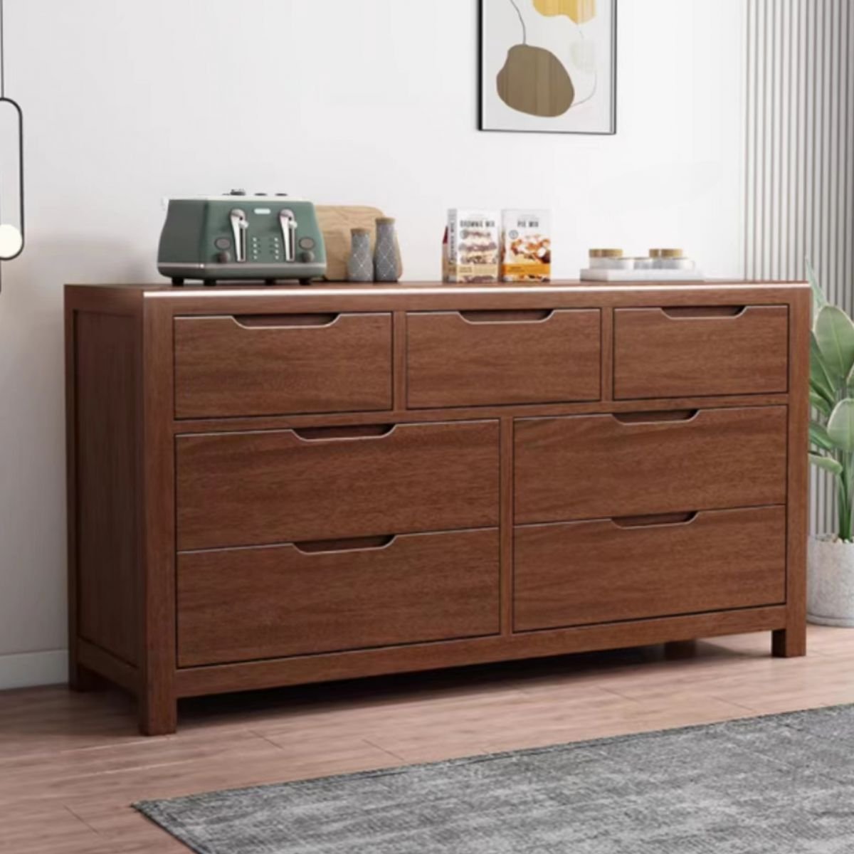 Art Deco Console Dresser Natural Wood Horizontal with 7 Drawers, Walnut, 53"L x 18"W x 30"H