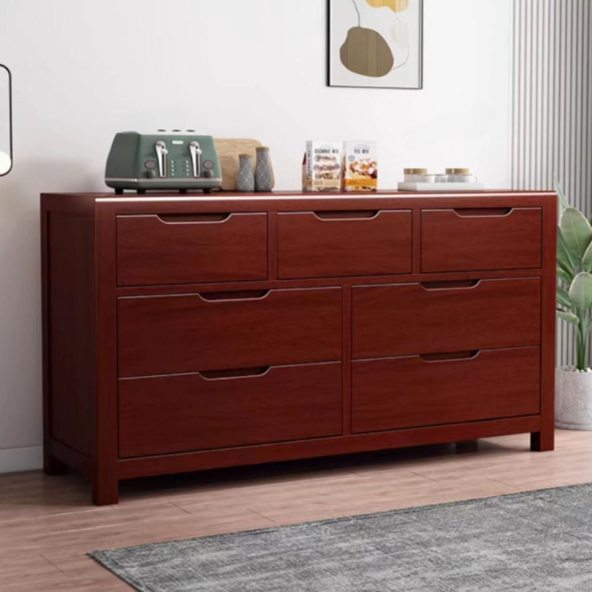 Art Deco Console Dresser Walnut Wood Horizontal with 7 Drawers, Red Sandalwood, 47"L x 18"W x 30"H