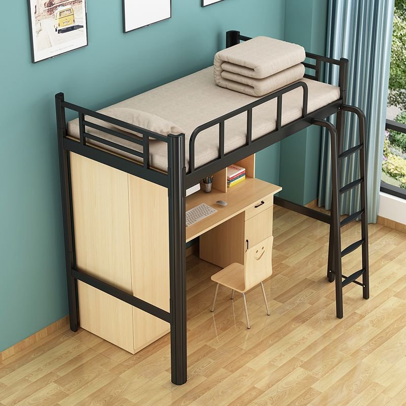 1 Storage Box Tool-Free Assembly Alloy Solid Color Loft Bed with Guard Rail & Built-In Desk, Bedroom Use, 46"W x 75"L, Black