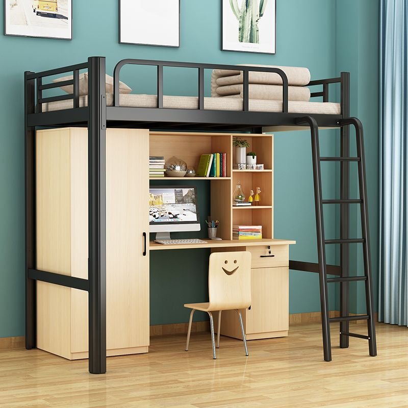 1 Storage Box Tool-Free Assembly Alloy Solid Color Loft Bed with Safety Guardrail & Built-In Desk, Bedroom Use, 34"W x 75"L, Black