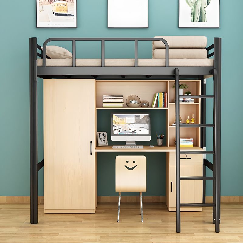 1 Storage Box Tool-Free Assembly Alloy Solid Color Loft Bed with Fence Railing & Built-In Desk, Bedroom Use, 38"W x 75"L, Black