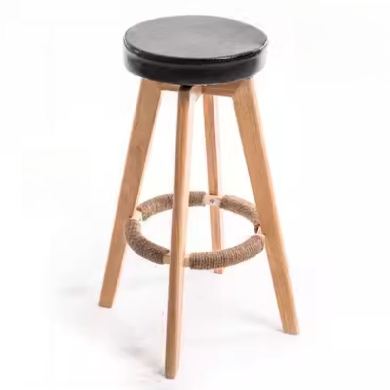 Art Deco Round Top Calfskin Rotating Bistro Stool in Natural Finish with Foot Support, Natural, Black