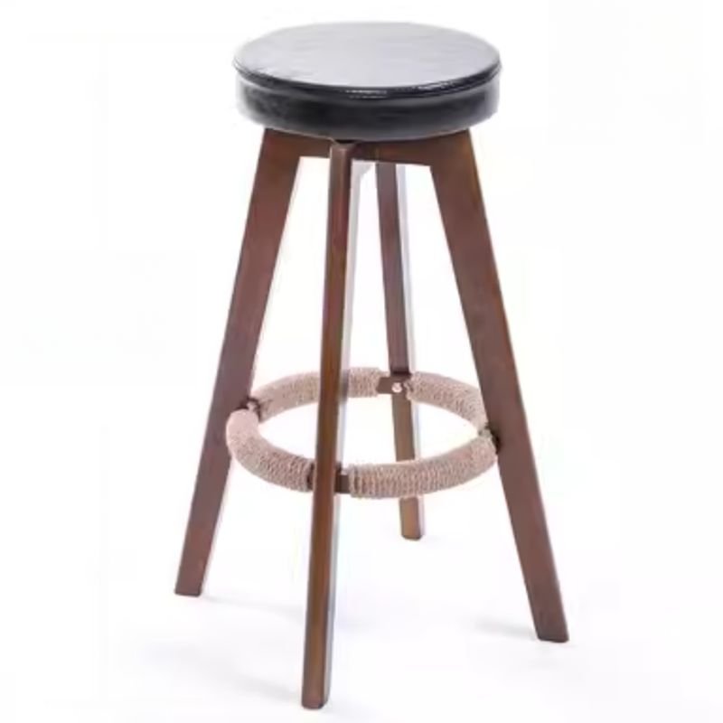 Simplistic Round Rawhide Swivel Bar Stools in Amber Wood with Leg Rest, Brown, Black