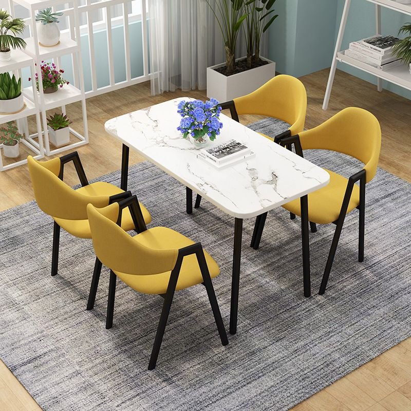Art Deco Fixed Rectangular Dining Table Set with 4-Leg, a Manufactured Wood Top in Chalk and Upholstered Back Chairs, Table & Chair(s), 5 Piece Set, Yellow