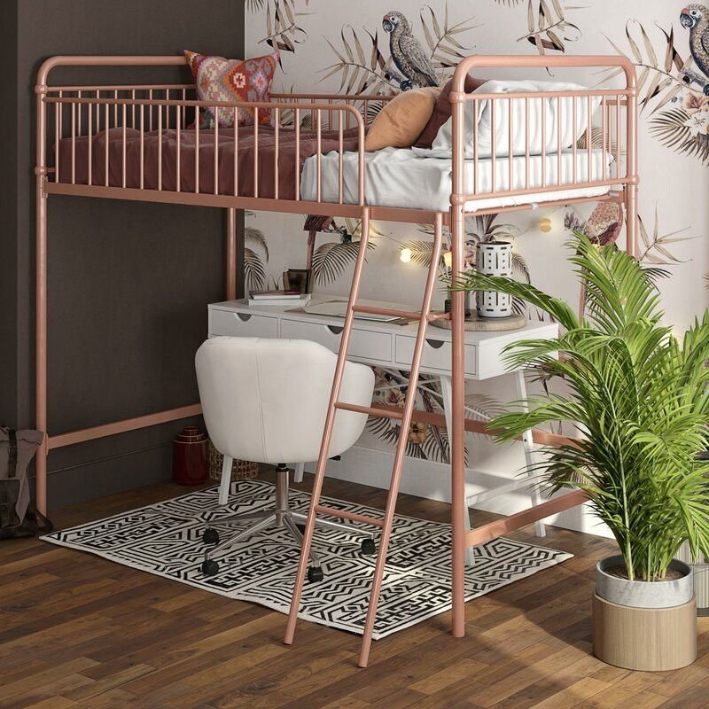 Built-In Guardrail Alloy Storage Panel Bed with Leg in Modish Style, Rose Gold, 35"W x 75"L