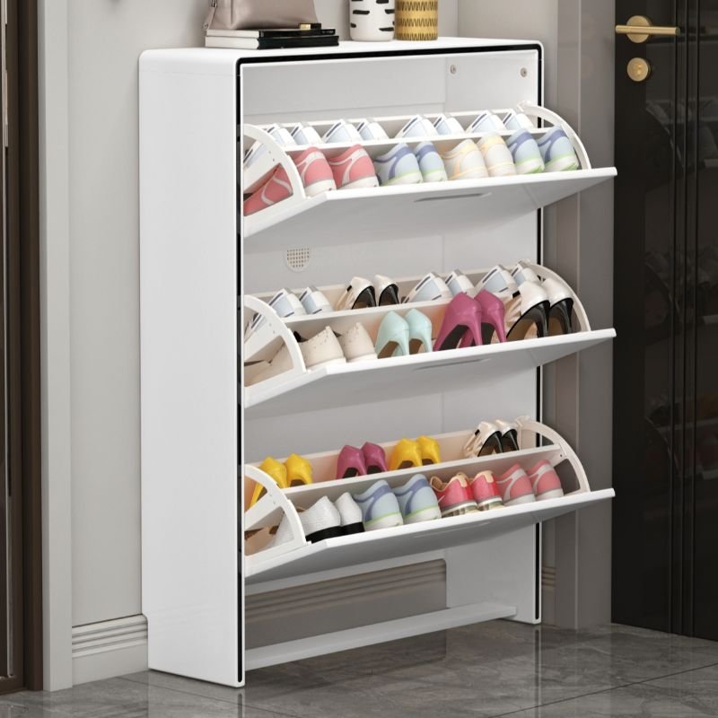 3-tier Tipping Wall-installed Shoe Displays in Chalk with Manufactured Wood, Cabinet Door, and Adaptable Shelf, 24"L x 9"W x 43"H