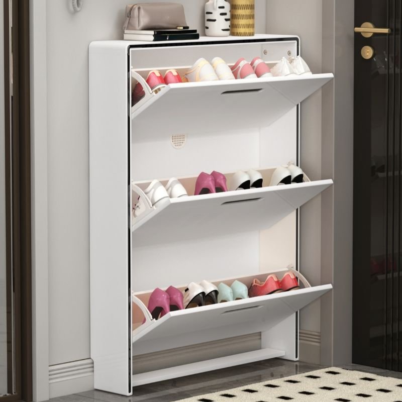 3-tier Tipping Wall-installed Shoe Displays in Chalk with Manufactured Wood, Cabinet Door, and Adaptable Shelf, 24"L x 7"W x 43"H