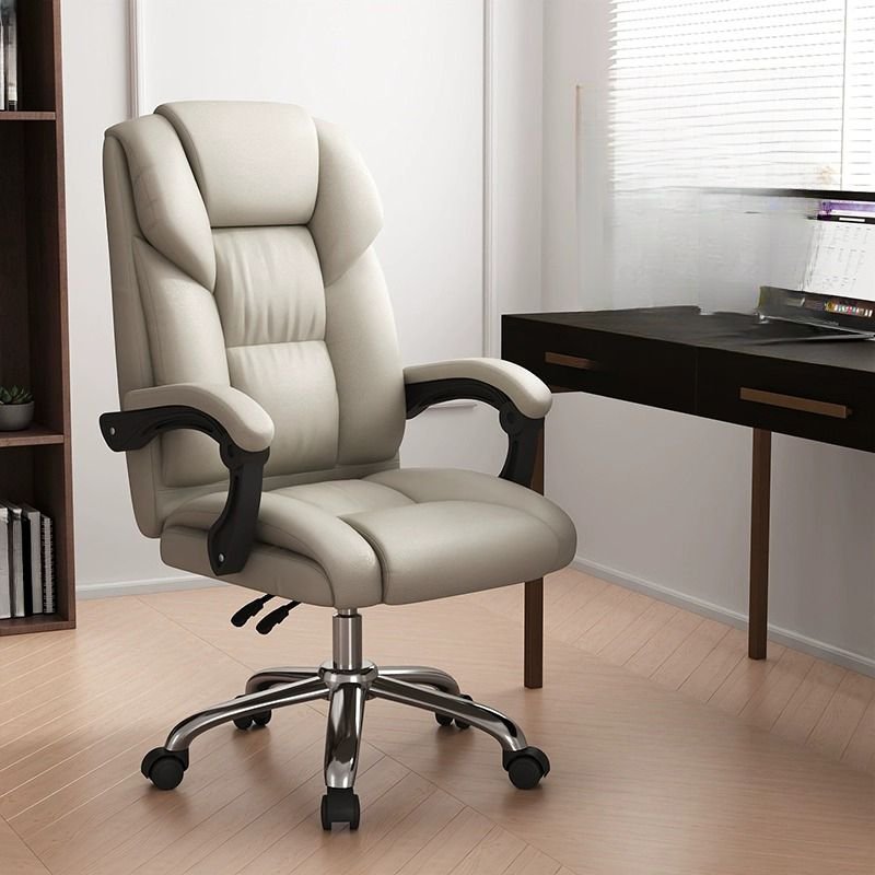 Ergonomic Tanned Hide Executive Chair in Sand with Back, Armrest, Roller Wheels and Adjustable Back Angle, Off-White, Sponge, Without Footrest