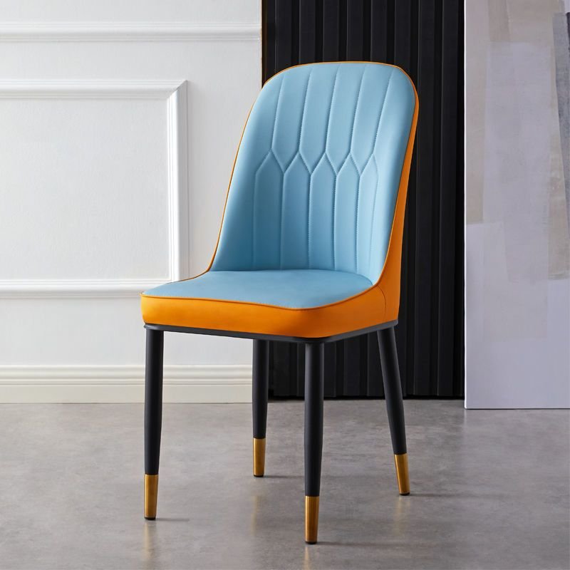 Balanced Bordered Armless Chair with Foot Pads for Dining Room, Blue-Orange, Black/ Gold