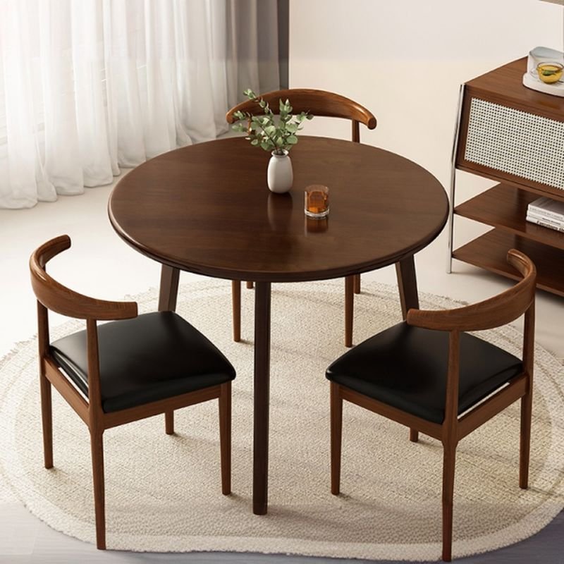 Art Deco 3 Legs Wood Slab Dining Table Set with Metal 4-leg Upholstered Chairs, 4 Pieces, Table & Chair(s), 31.5"L x 31.5"W x 29.5"H, Walnut
