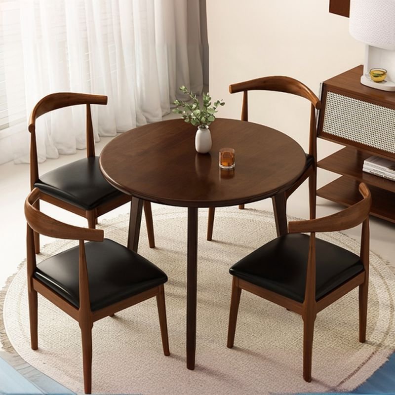 Art Deco 3 Legs Wood Slab Round Dining Table Set with Metal Base Upholstered Chairs for Seats 4, Table & Chair(s), 5 Piece Set, 27.6"L x 27.6"W x 29.5"H, Walnut